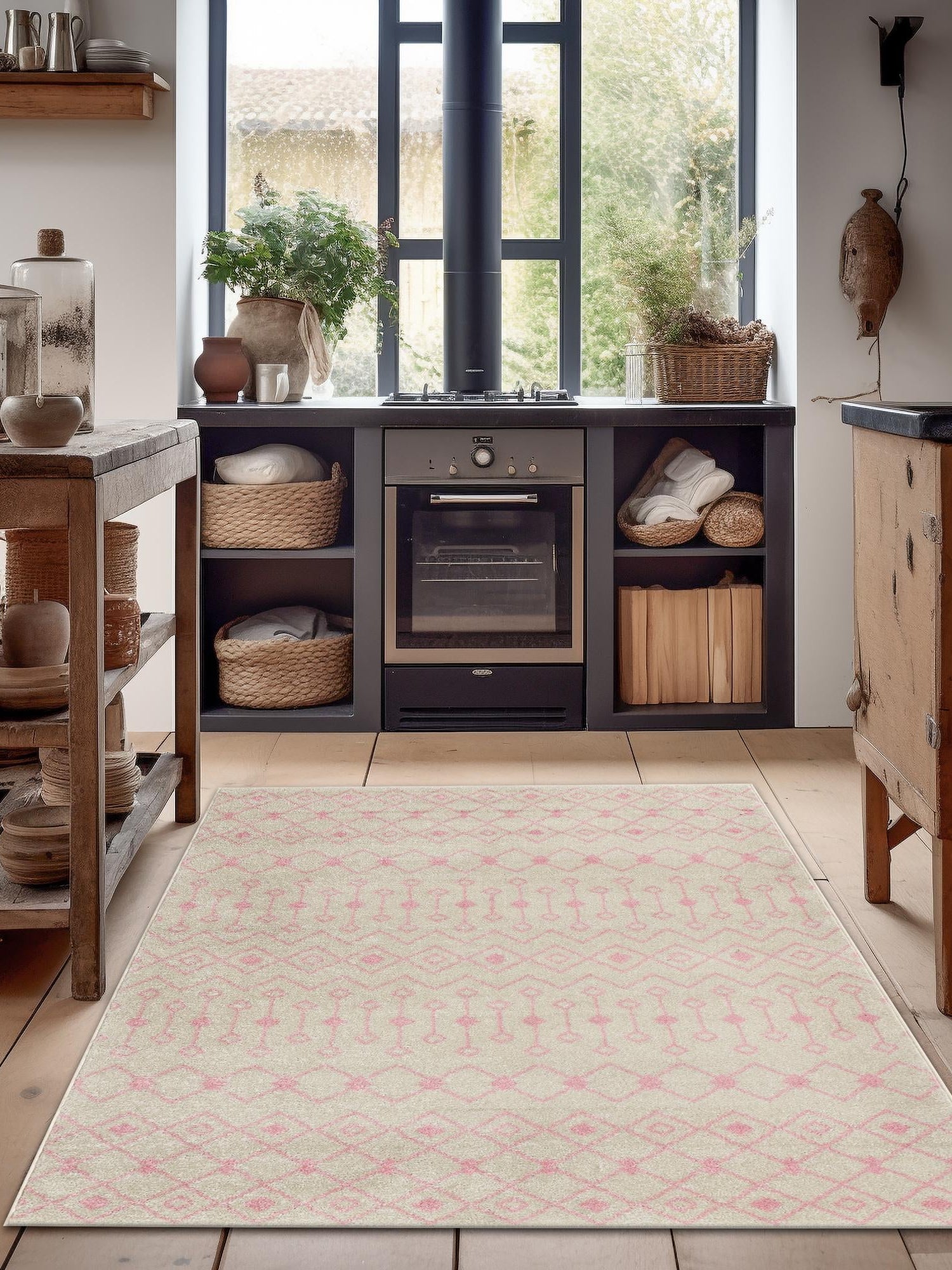 Ivory and Pink 9' x 12' Tribal Trellis Rectangle Area Rug Geometric Southwestern Inspired Durable Carpet for Home Interior Design for Sale at Rug Engine