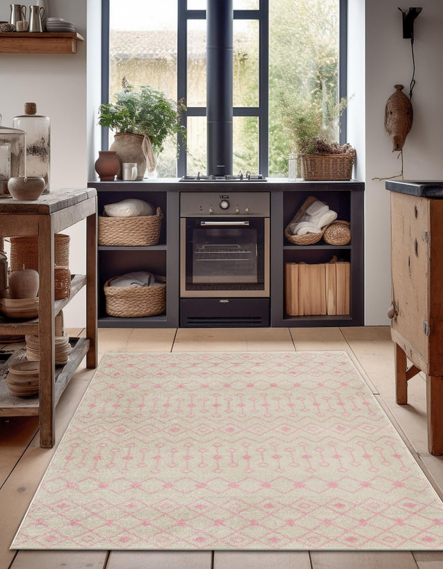 Ivory and Pink 10' x 13' Tribal Trellis Rectangle Area Rug Geometric Southwestern Inspired Durable Carpet for Home Interior Design for Sale at Rug Engine
