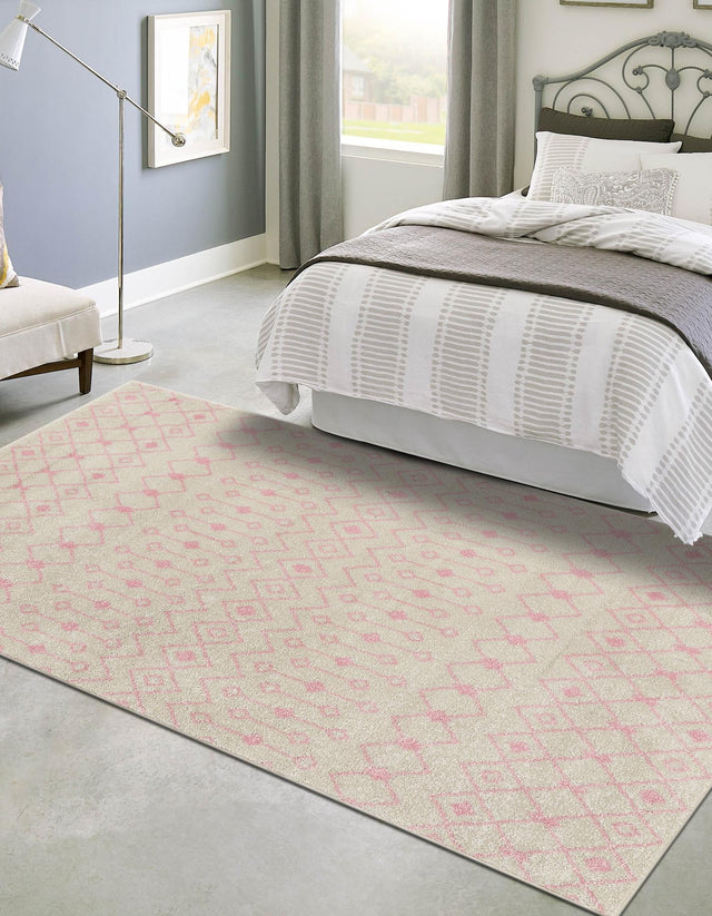 Ivory and Pink 10' x 13' Tribal Trellis Rectangle Area Rug Geometric Southwestern Inspired Durable Carpet for Home Interior Design for Sale at Rug Engine