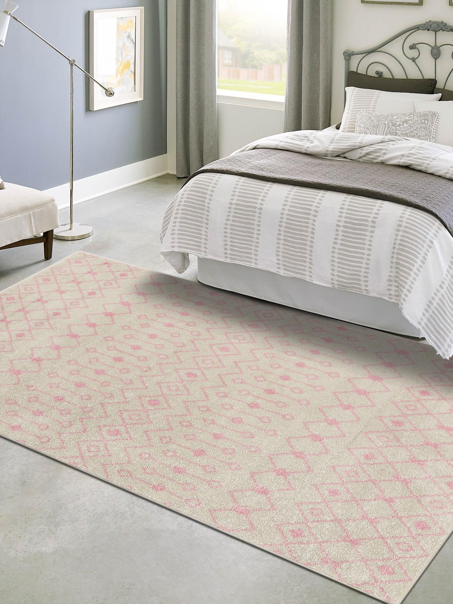 Ivory and Pink 7' 10 x 10' Tribal Trellis Rectangle Area Rug Geometric Southwestern Inspired Durable Carpet for Home Interior Design for Sale at Rug Engine