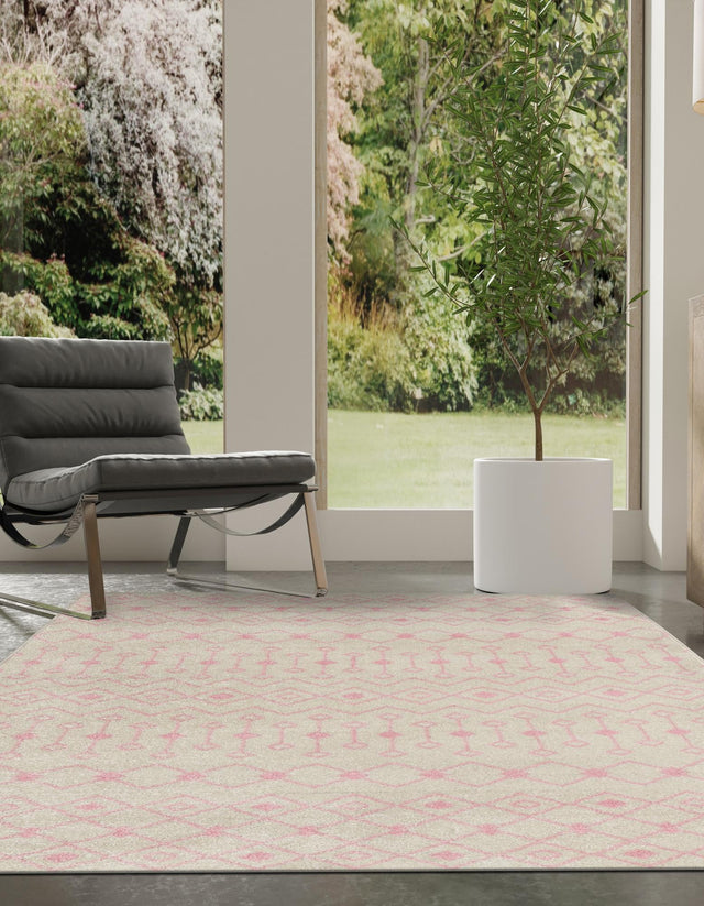 Ivory and Pink 6' x 9' Tribal Trellis Rectangle Area Rug Geometric Southwestern Inspired Durable Carpet for Home Interior Design for Sale at Rug Engine