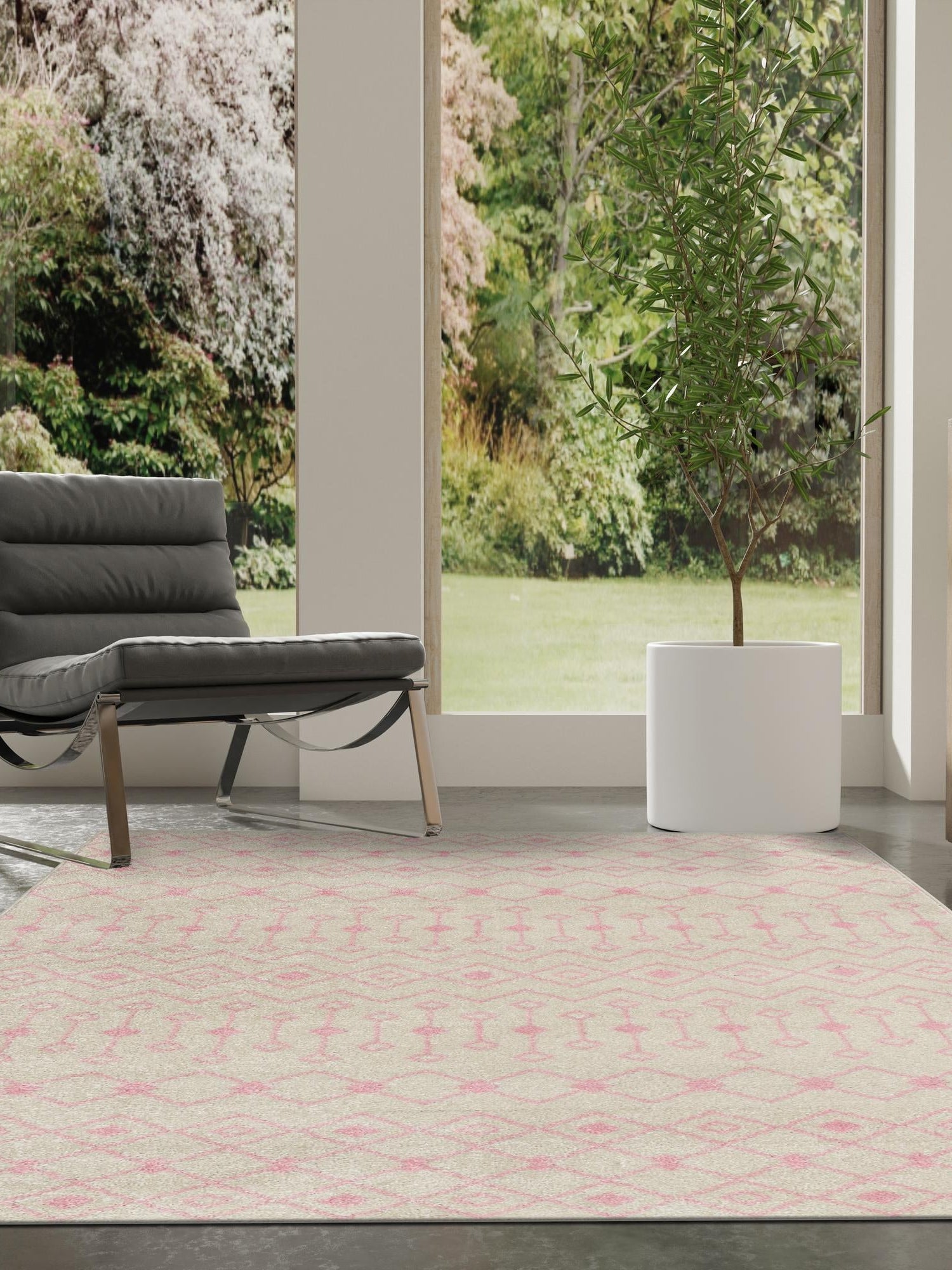 Ivory and Pink 4' x 6' Tribal Trellis Rectangle Area Rug Geometric Southwestern Inspired Durable Carpet for Home Interior Design for Sale at Rug Engine
