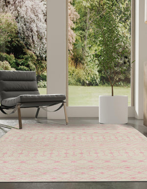 Ivory and Pink 5' 3 x 8' Tribal Trellis Rectangle Area Rug Geometric Southwestern Inspired Durable Carpet for Home Interior Design for Sale at Rug Engine