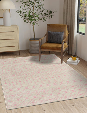 Ivory and Pink 6' x 9' Tribal Trellis Rectangle Area Rug Geometric Southwestern Inspired Durable Carpet for Home Interior Design for Sale at Rug Engine