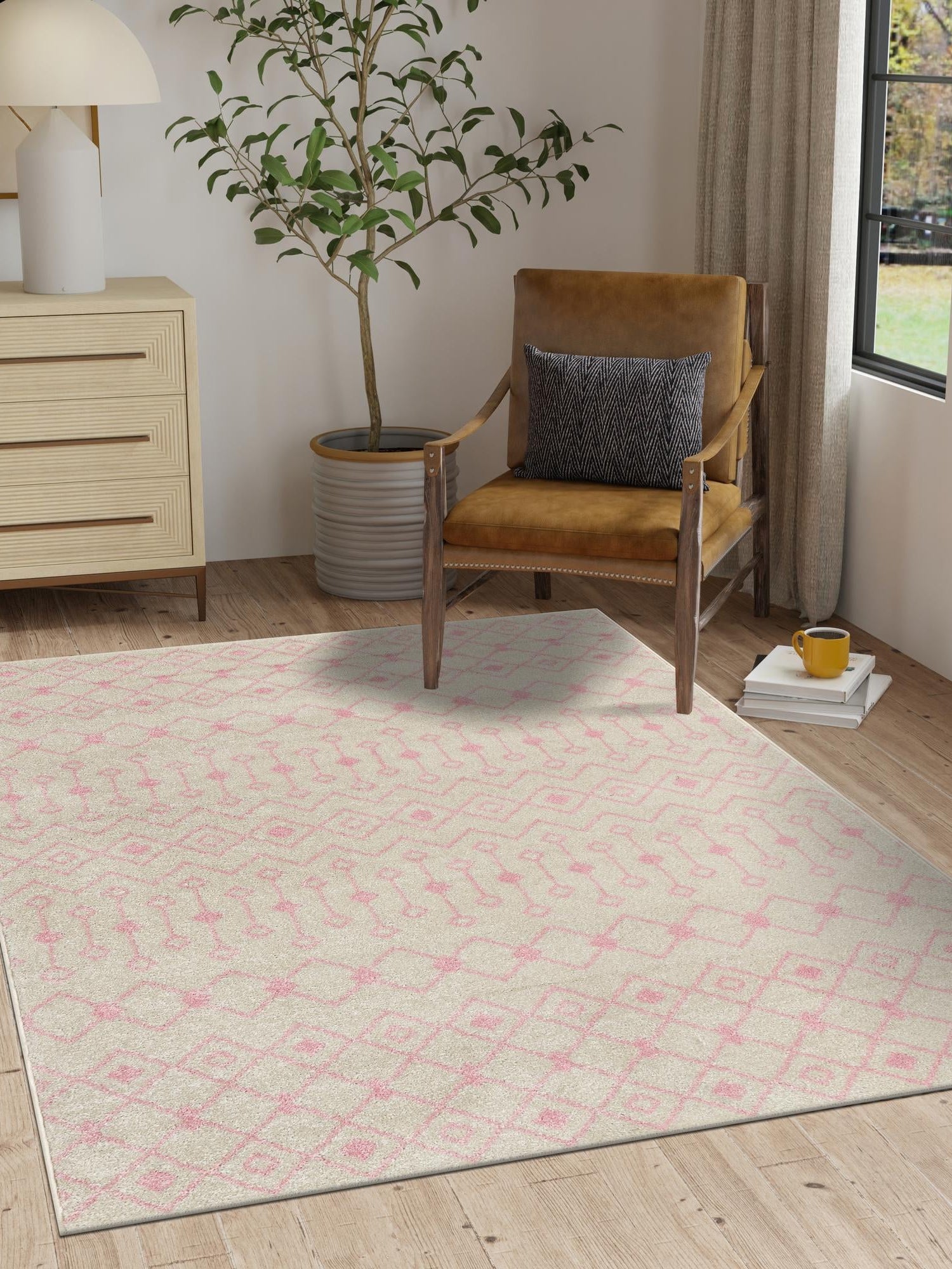 Ivory and Pink 5' 3 x 8' Tribal Trellis Rectangle Area Rug Geometric Southwestern Inspired Durable Carpet for Home Interior Design for Sale at Rug Engine