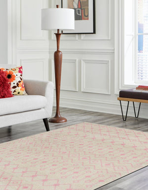 Ivory and Pink 9' x 12' Tribal Trellis Rectangle Area Rug Geometric Southwestern Inspired Durable Carpet for Home Interior Design for Sale at Rug Engine