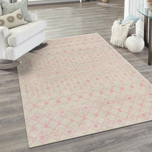 Ivory and Pink 6' x 9' Tribal Trellis Rectangle Area Rug Geometric Southwestern Inspired Durable Carpet for Home Interior Design for Sale at Rug Engine