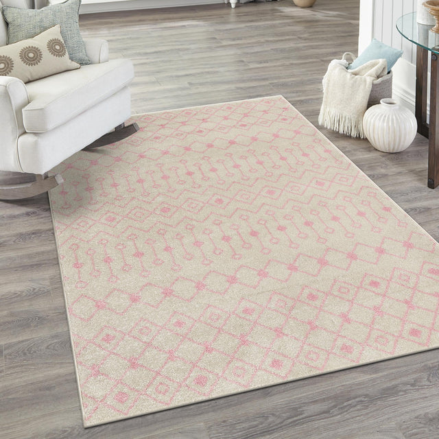 Ivory and Pink 6' x 9' Tribal Trellis Rectangle Area Rug Geometric Southwestern Inspired Durable Carpet for Home Interior Design for Sale at Rug Engine