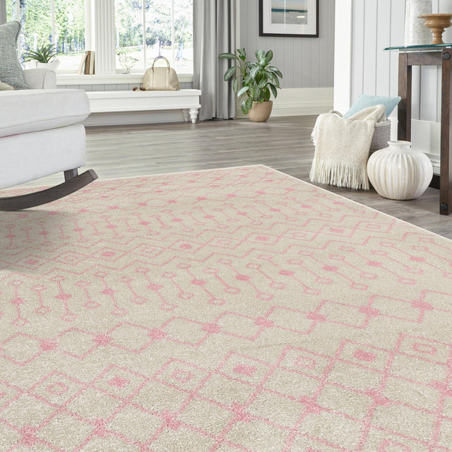 Ivory and Pink 6' x 9' Tribal Trellis Rectangle Area Rug Geometric Southwestern Inspired Durable Carpet for Home Interior Design for Sale at Rug Engine
