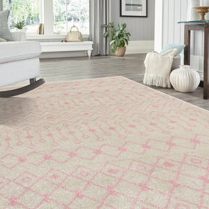 Ivory and Pink 5' 3 x 8' Tribal Trellis Rectangle Area Rug Geometric Southwestern Inspired Durable Carpet for Home Interior Design for Sale at Rug Engine
