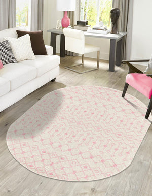 Ivory and Pink 7' 10 x 10' Tribal Trellis Oval Area Rug Geometric Southwestern Inspired Durable Carpet for Home Interior Design for Sale at Rug Engine