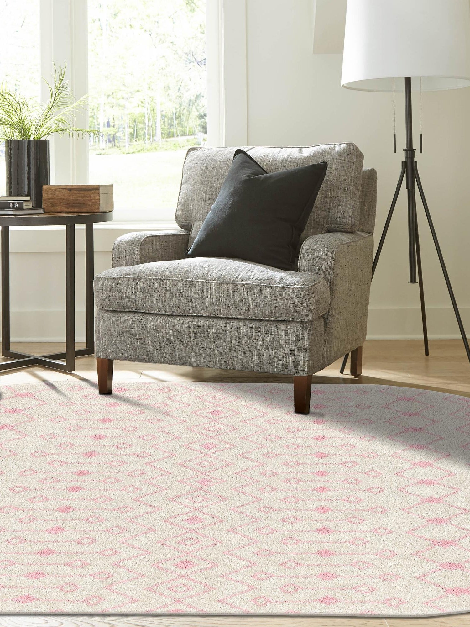 Ivory and Pink 7' 10 x 10' Tribal Trellis Oval Area Rug Geometric Southwestern Inspired Durable Carpet for Home Interior Design for Sale at Rug Engine