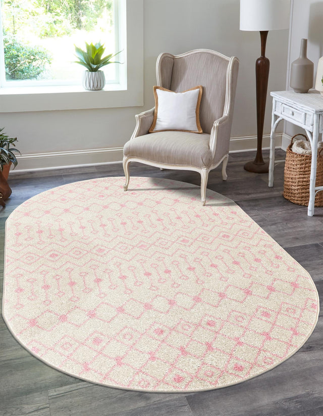Ivory and Pink 5' 3 x 8' Tribal Trellis Oval Area Rug Geometric Southwestern Inspired Durable Carpet for Home Interior Design for Sale at Rug Engine