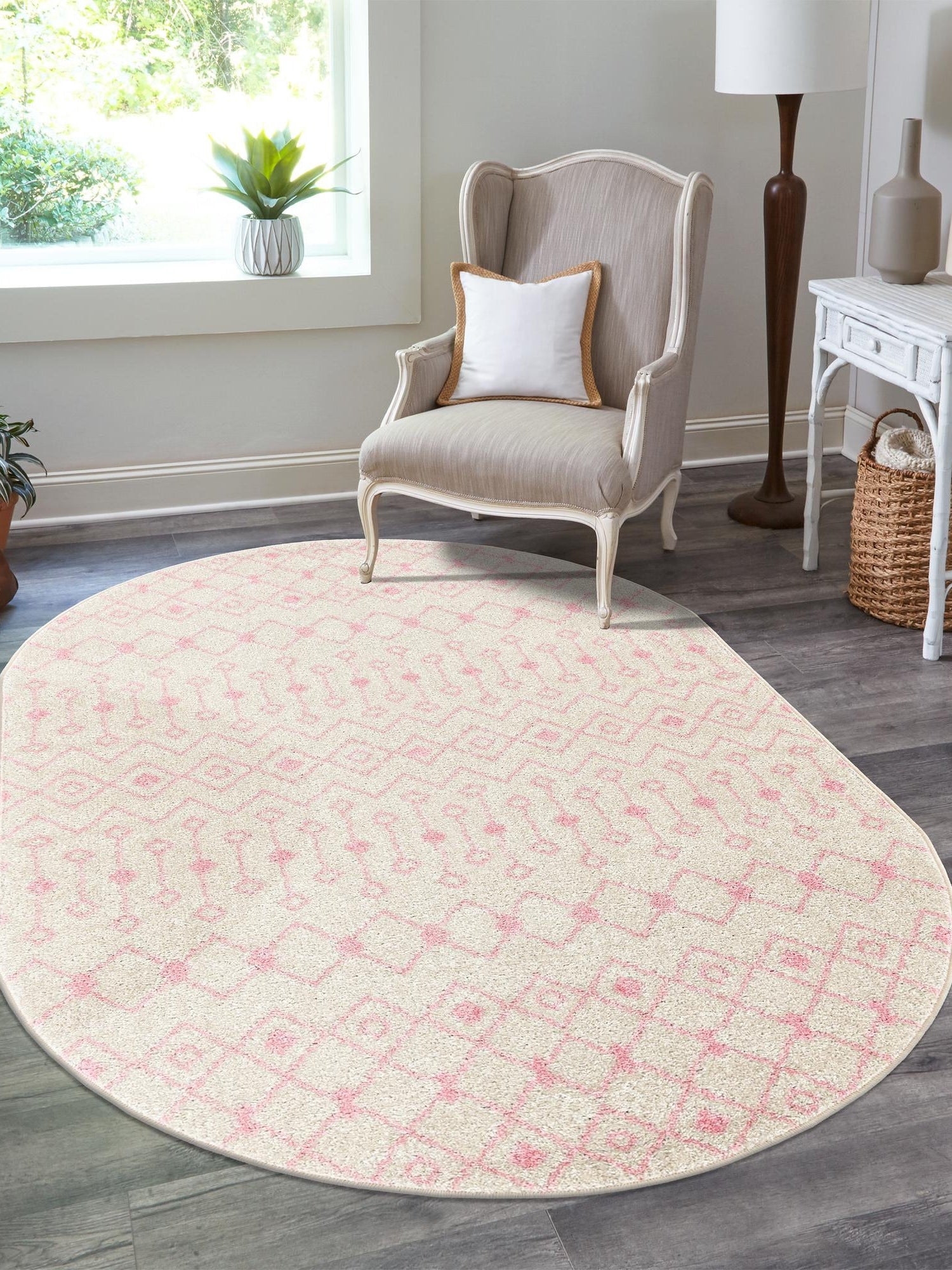 Ivory and Pink 4' x 6' Tribal Trellis Oval Area Rug Geometric Southwestern Inspired Durable Carpet for Home Interior Design for Sale at Rug Engine