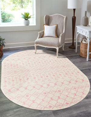 Ivory and Pink 4' x 6' Tribal Trellis Oval Area Rug Geometric Southwestern Inspired Durable Carpet for Home Interior Design for Sale at Rug Engine