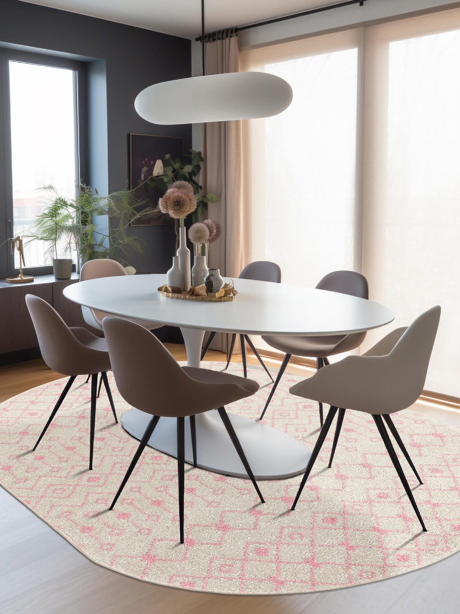 Ivory and Pink 4' x 6' Tribal Trellis Oval Area Rug Geometric Southwestern Inspired Durable Carpet for Home Interior Design for Sale at Rug Engine