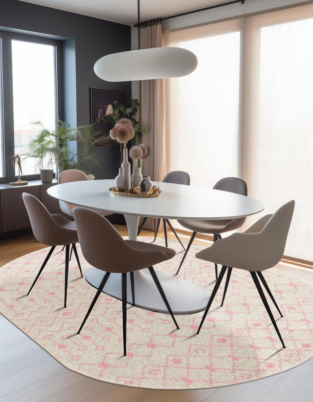 Ivory and Pink 4' x 6' Tribal Trellis Oval Area Rug Geometric Southwestern Inspired Durable Carpet for Home Interior Design for Sale at Rug Engine