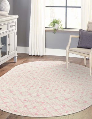 Ivory and Pink 4' x 6' Tribal Trellis Oval Area Rug Geometric Southwestern Inspired Durable Carpet for Home Interior Design for Sale at Rug Engine