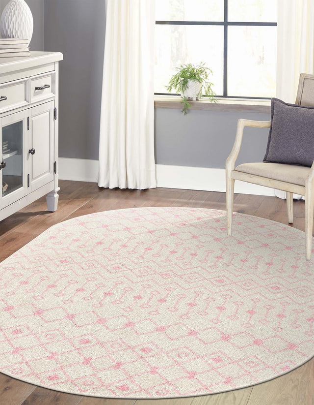 Ivory and Pink 7' 10 x 10' Tribal Trellis Oval Area Rug Geometric Southwestern Inspired Durable Carpet for Home Interior Design for Sale at Rug Engine