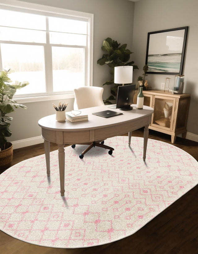 Ivory and Pink 4' x 6' Tribal Trellis Oval Area Rug Geometric Southwestern Inspired Durable Carpet for Home Interior Design for Sale at Rug Engine