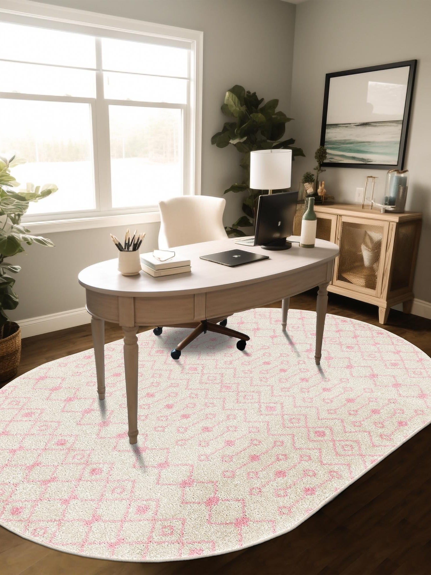 Ivory and Pink 7' 10 x 10' Tribal Trellis Oval Area Rug Geometric Southwestern Inspired Durable Carpet for Home Interior Design for Sale at Rug Engine