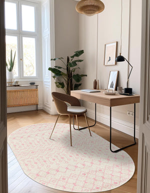 Ivory and Pink 5' 3 x 8' Tribal Trellis Oval Area Rug Geometric Southwestern Inspired Durable Carpet for Home Interior Design for Sale at Rug Engine