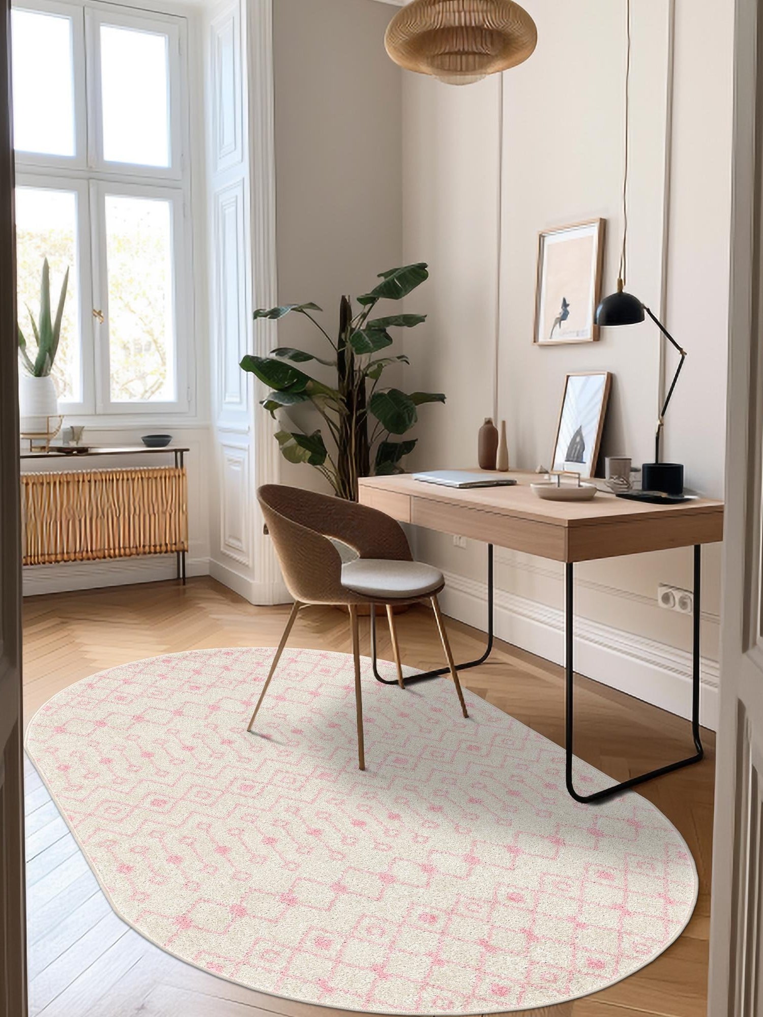 Ivory and Pink 7' 10 x 10' Tribal Trellis Oval Area Rug Geometric Southwestern Inspired Durable Carpet for Home Interior Design for Sale at Rug Engine