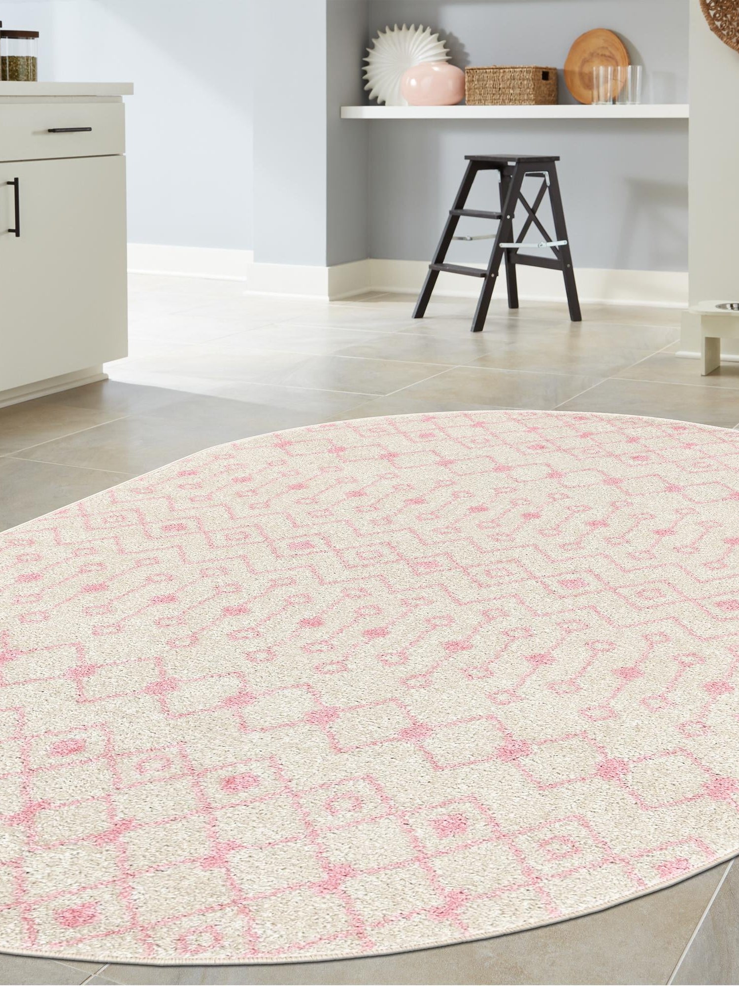 Ivory and Pink 4' x 6' Tribal Trellis Oval Area Rug Geometric Southwestern Inspired Durable Carpet for Home Interior Design for Sale at Rug Engine