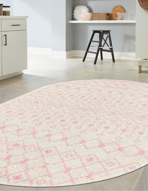 Ivory and Pink 4' x 6' Tribal Trellis Oval Area Rug Geometric Southwestern Inspired Durable Carpet for Home Interior Design for Sale at Rug Engine