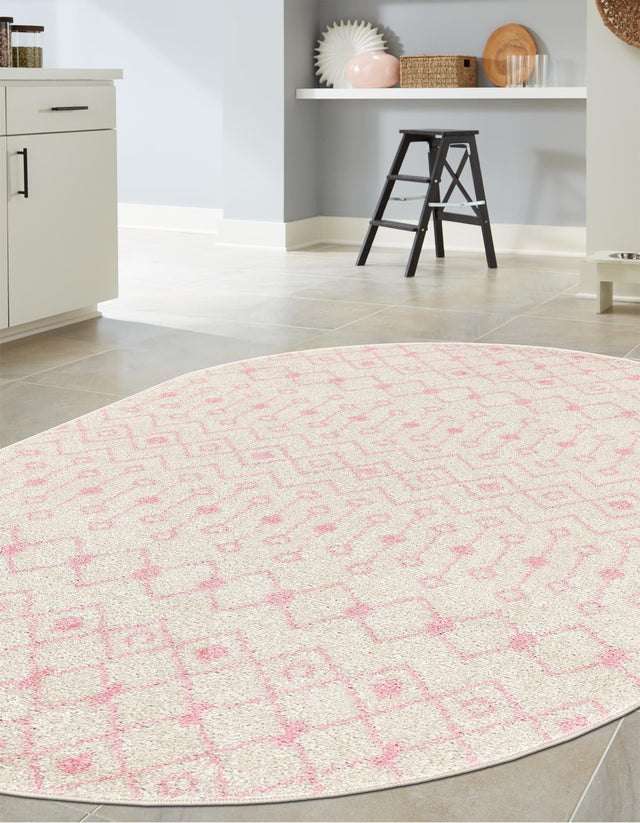 Ivory and Pink 4' x 6' Tribal Trellis Oval Area Rug Geometric Southwestern Inspired Durable Carpet for Home Interior Design for Sale at Rug Engine