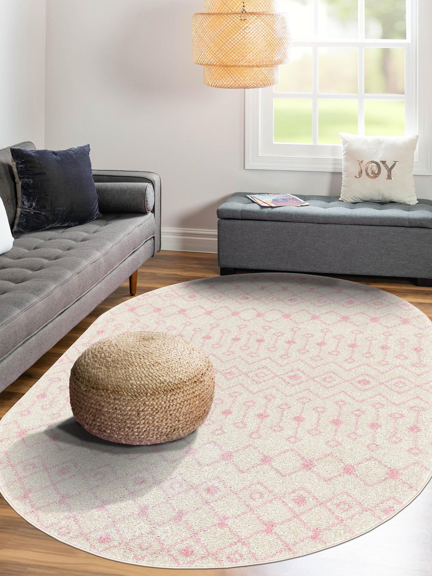 Ivory and Pink 7' 10 x 10' Tribal Trellis Oval Area Rug Geometric Southwestern Inspired Durable Carpet for Home Interior Design for Sale at Rug Engine