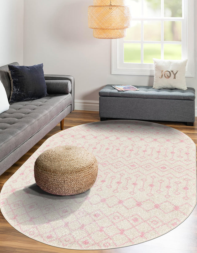 Ivory and Pink 7' 10 x 10' Tribal Trellis Oval Area Rug Geometric Southwestern Inspired Durable Carpet for Home Interior Design for Sale at Rug Engine
