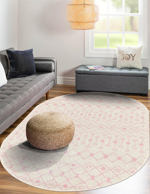 Ivory and Pink 4' x 6' Tribal Trellis Oval Area Rug Geometric Southwestern Inspired Durable Carpet for Home Interior Design for Sale at Rug Engine
