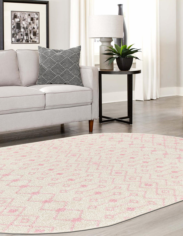 Ivory and Pink 5' 3 x 8' Tribal Trellis Oval Area Rug Geometric Southwestern Inspired Durable Carpet for Home Interior Design for Sale at Rug Engine