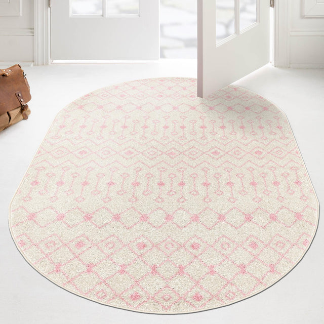 Ivory and Pink 7' 10 x 10' Tribal Trellis Oval Area Rug Geometric Southwestern Inspired Durable Carpet for Home Interior Design for Sale at Rug Engine