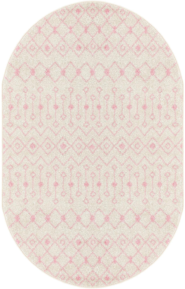 Ivory and Pink 5' 3 x 8' Tribal Trellis Oval Area Rug Geometric Southwestern Inspired Durable Carpet for Home Interior Design for Sale at Rug Engine