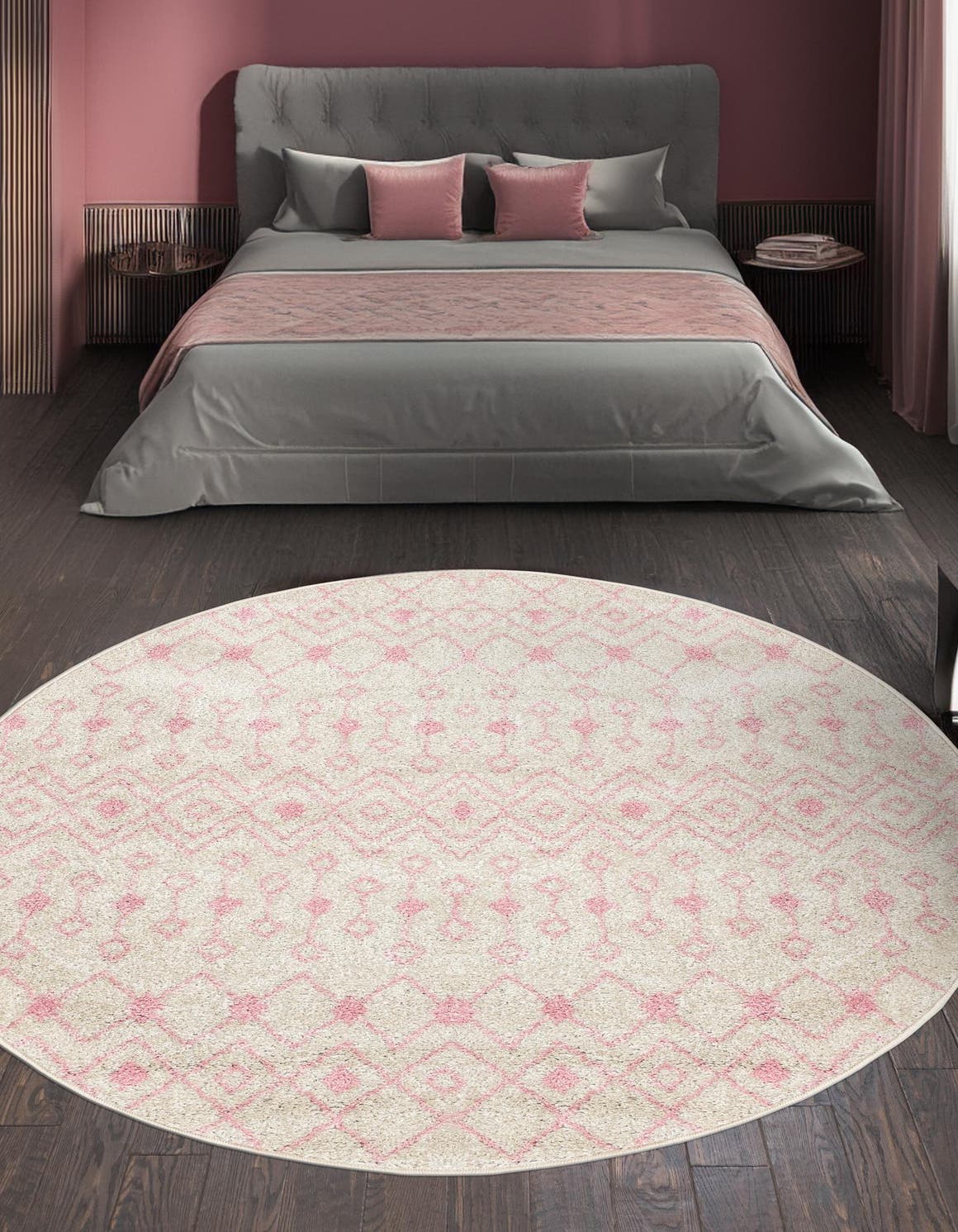Ivory and Pink 3' 3 x 3' 3 Tribal Trellis Round Area Rug Geometric Southwestern Inspired Durable Carpet for Home Interior Design for Sale at Rug Engine