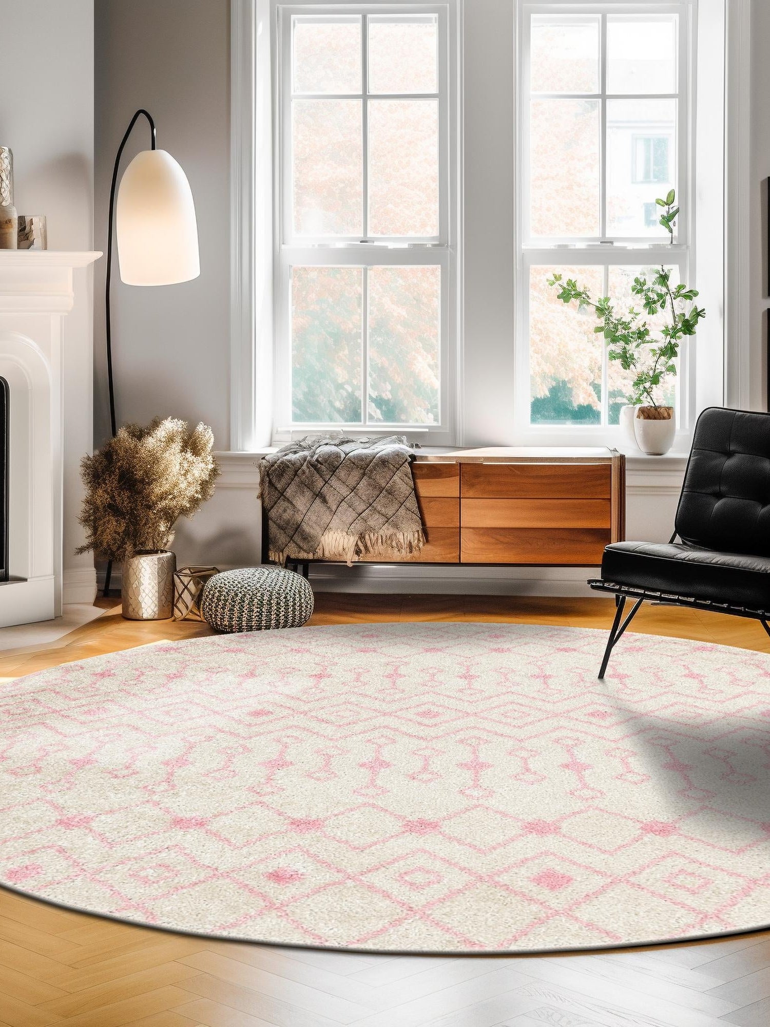 Ivory and Pink 6' x 6' Tribal Trellis Round Area Rug Geometric Southwestern Inspired Durable Carpet for Home Interior Design for Sale at Rug Engine