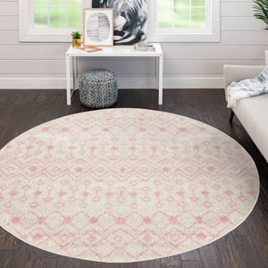 Ivory and Pink 5' 3 x 5' 3 Tribal Trellis Round Area Rug Geometric Southwestern Inspired Durable Carpet for Home Interior Design for Sale at Rug Engine