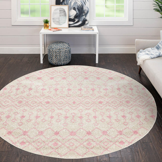 Ivory and Pink 5' 3 x 5' 3 Tribal Trellis Round Area Rug Geometric Southwestern Inspired Durable Carpet for Home Interior Design for Sale at Rug Engine