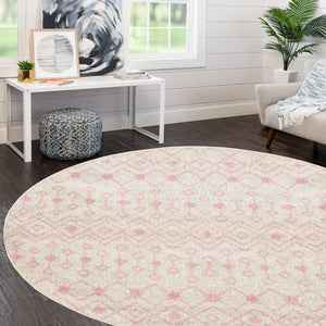 Ivory and Pink 5' 3 x 5' 3 Tribal Trellis Round Area Rug Geometric Southwestern Inspired Durable Carpet for Home Interior Design for Sale at Rug Engine