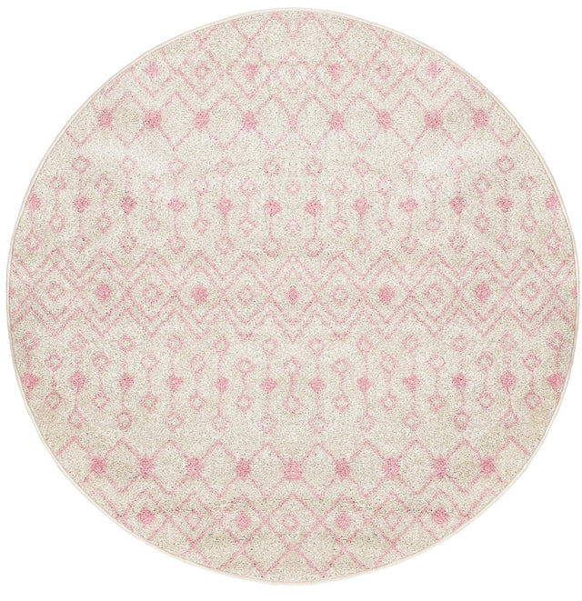 Ivory and Pink 5' 3 x 5' 3 Tribal Trellis Round Area Rug Geometric Southwestern Inspired Durable Carpet for Home Interior Design for Sale at Rug Engine
