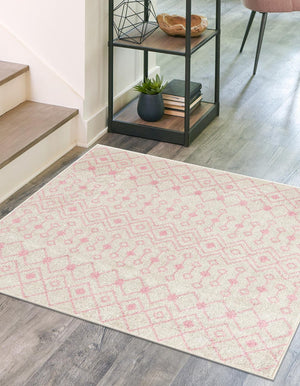 Ivory and Pink 5' 3 x 5' 3 Tribal Trellis Square Area Rug Geometric Southwestern Inspired Durable Carpet for Home Interior Design for Sale at Rug Engine