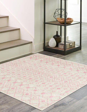 Ivory and Pink 7' 10 x 7' 10 Tribal Trellis Square Area Rug Geometric Southwestern Inspired Durable Carpet for Home Interior Design for Sale at Rug Engine