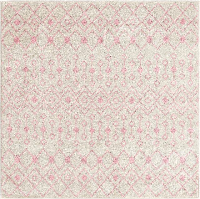 Ivory and Pink 5' 3 x 5' 3 Tribal Trellis Square Area Rug Geometric Southwestern Inspired Durable Carpet for Home Interior Design for Sale at Rug Engine