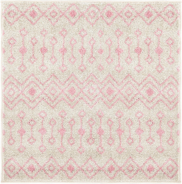 Ivory and Pink 3' 3 x 3' 3 Tribal Trellis Square Area Rug Geometric Southwestern Inspired Durable Carpet for Home Interior Design for Sale at Rug Engine