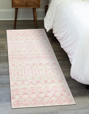 Ivory and Pink 2' x 8' Tribal Trellis Runner Area Rug Geometric Southwestern Inspired Durable Carpet for Home Interior Design for Sale at Rug Engine