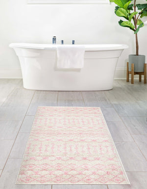 Ivory and Pink 3' 3 x 16' 5 Tribal Trellis Runner Area Rug Geometric Southwestern Inspired Durable Carpet for Home Interior Design for Sale at Rug Engine