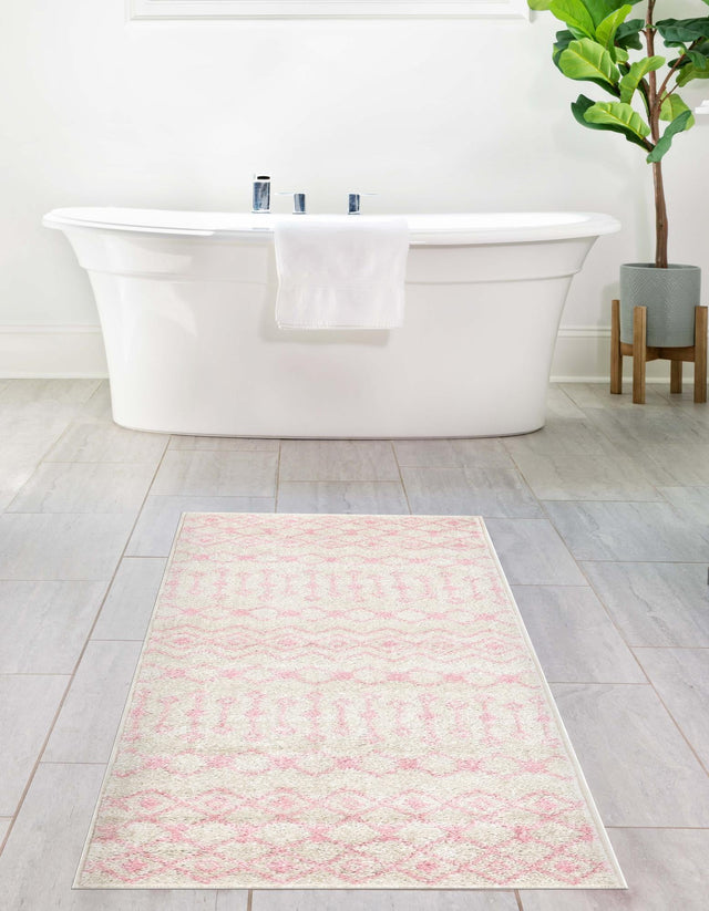 Ivory and Pink 3' 3 x 16' 5 Tribal Trellis Runner Area Rug Geometric Southwestern Inspired Durable Carpet for Home Interior Design for Sale at Rug Engine