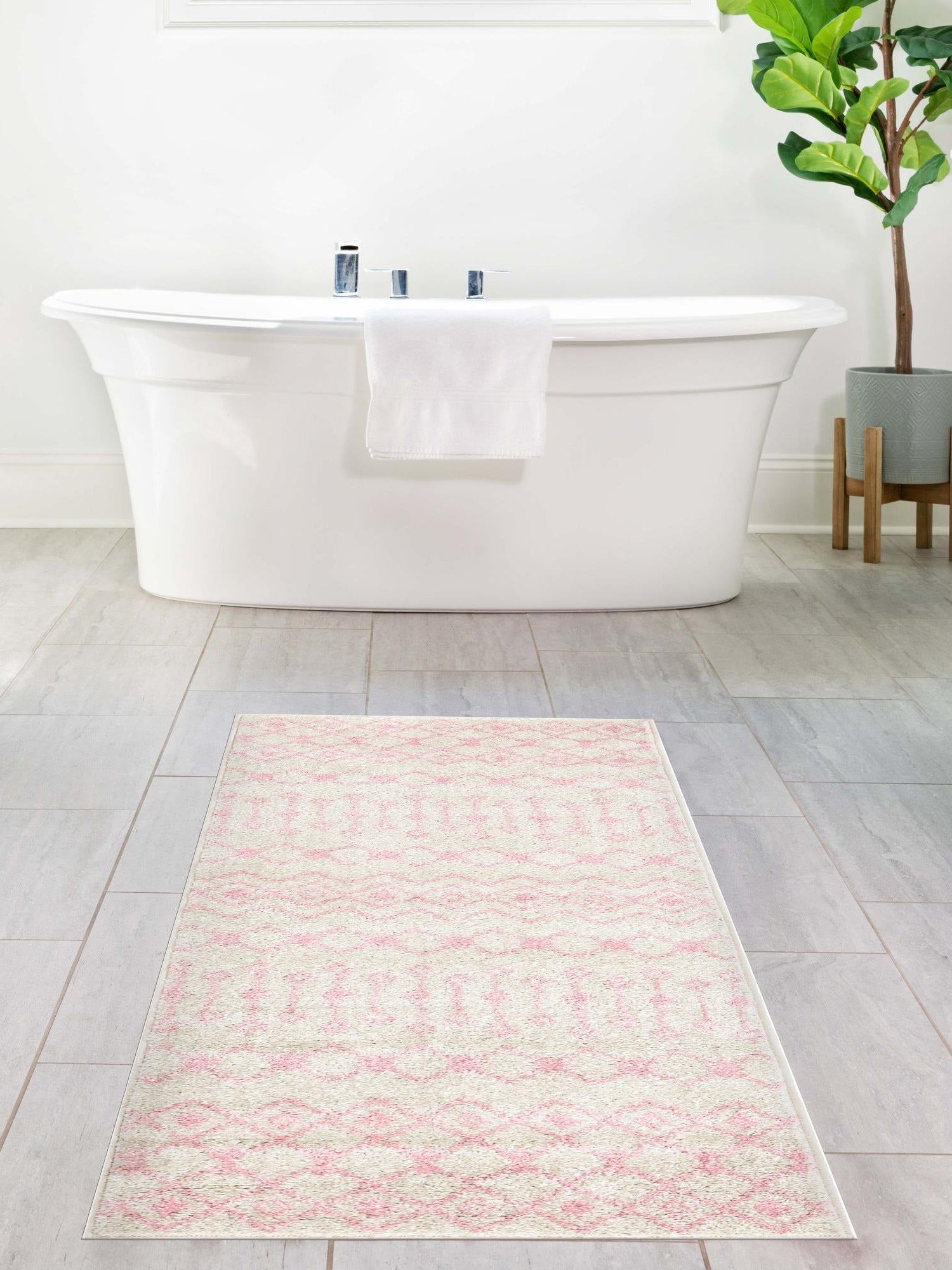 Ivory and Pink 2' x 5' Tribal Trellis Runner Area Rug Geometric Southwestern Inspired Durable Carpet for Home Interior Design for Sale at Rug Engine